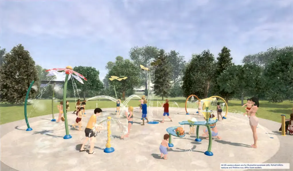 Rendering of the Vortex splash pad planned for Cooke Park in Galesburg, Illinois, featuring nature-themed water features for toddlers, families, and teens.