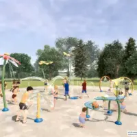 Rendering of the Vortex splash pad planned for Cooke Park in Galesburg, Illinois, featuring nature-themed water features for toddlers, families, and teens.