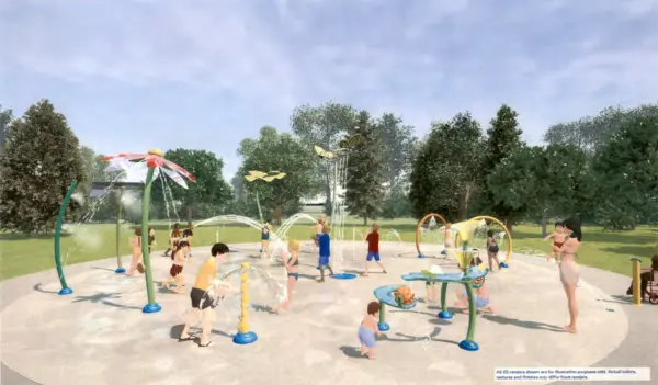 Rendering of the Vortex splash pad planned for Cooke Park in Galesburg, Illinois, featuring nature-themed water features for toddlers, families, and teens.