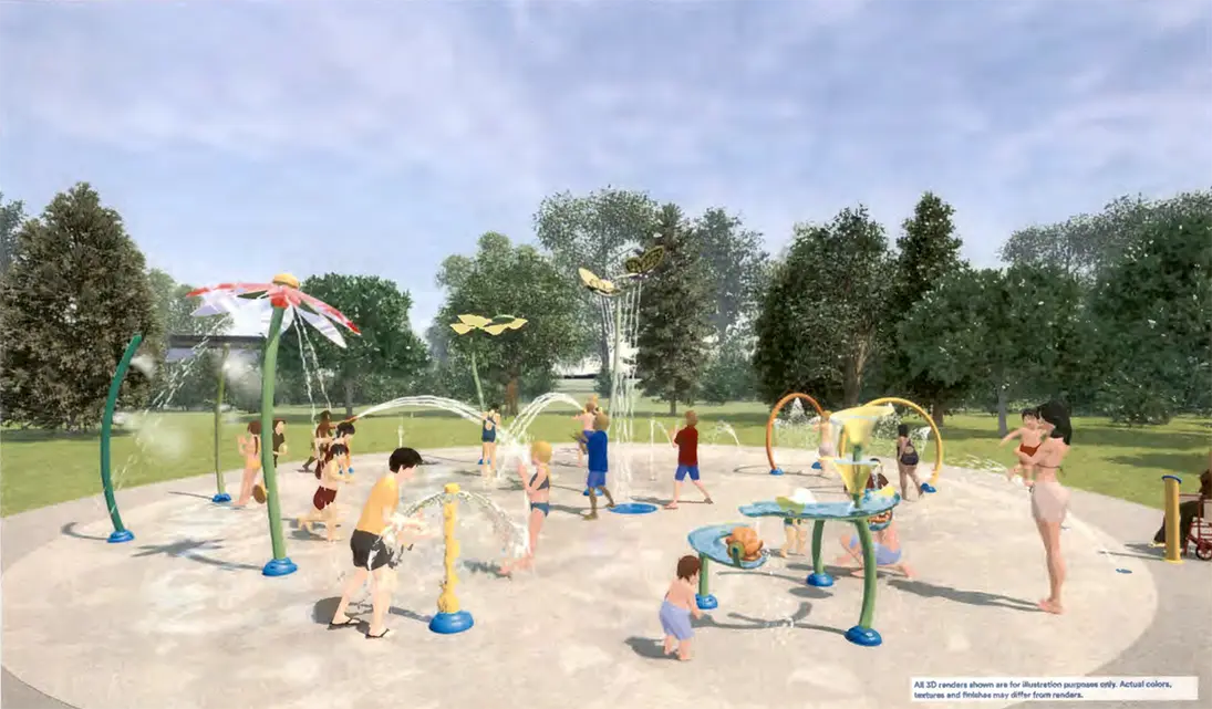 Rendering of the Vortex splash pad planned for Cooke Park in Galesburg, Illinois, featuring nature-themed water features for toddlers, families, and teens.