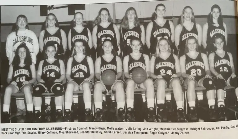 Galesburg High School girls basketball team photo featuring Sarah Larson and teammates.