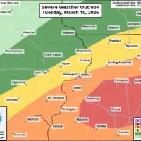 National Weather Service severe weather outlook map showing Galesburg and Knox County at enhanced to moderate risk, March 10, 2026.