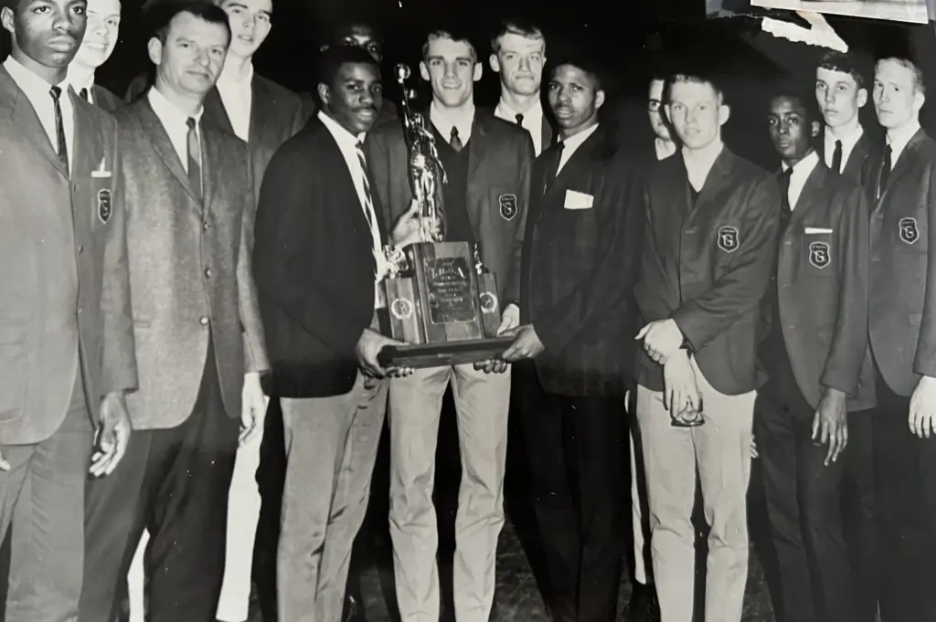 ALT TEXT Dale Kelley and Barry Swanson holding the IHSA state tournament second-place trophy, 1966 Galesburg Silver Streaks