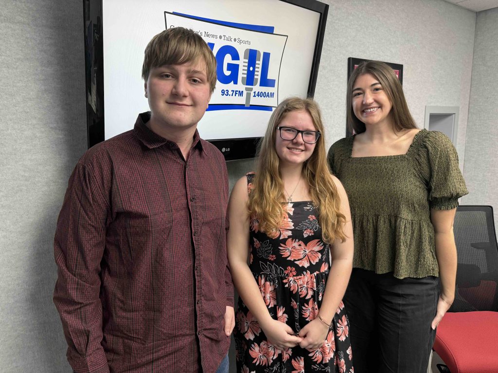 GHS students Josh Cobb and Jordan Bowton and Director of Choirs and Theatre Lucy Rieke at WGIL in Galesburg, Illinois, March 20, 2026