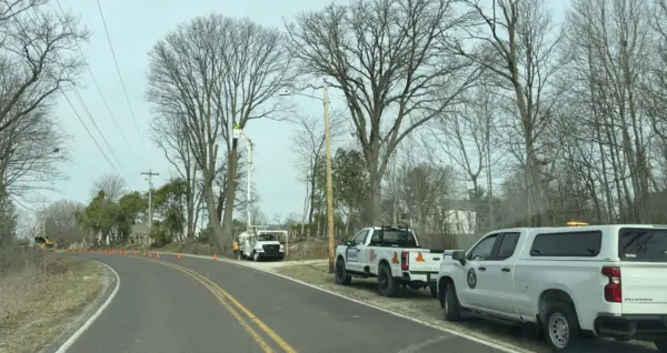 Tree removal crews along South Lake Storey Road in Galesburg, Illinois, March 24, 2026, as construction begins on the Lake Storey multi-use walking path