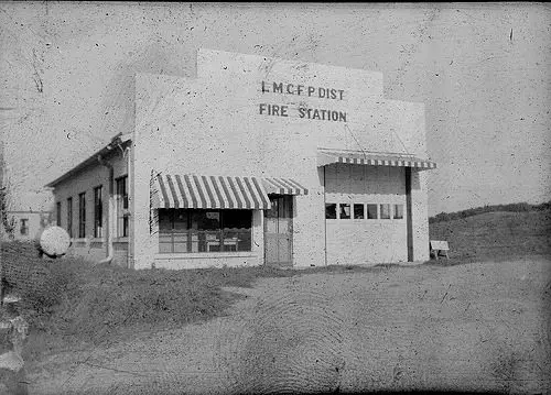 The old London Mills Fire Department, in black and white.