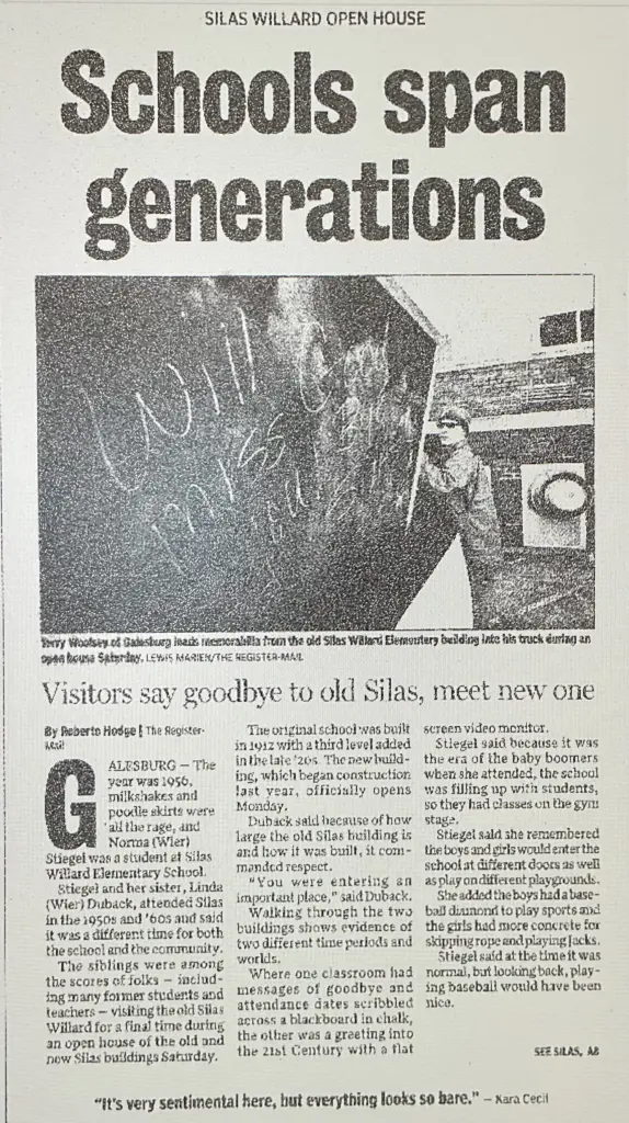 Alt text: Register-Mail clipping of Silas Willard Elementary School open house, Galesburg Illinois, 2016