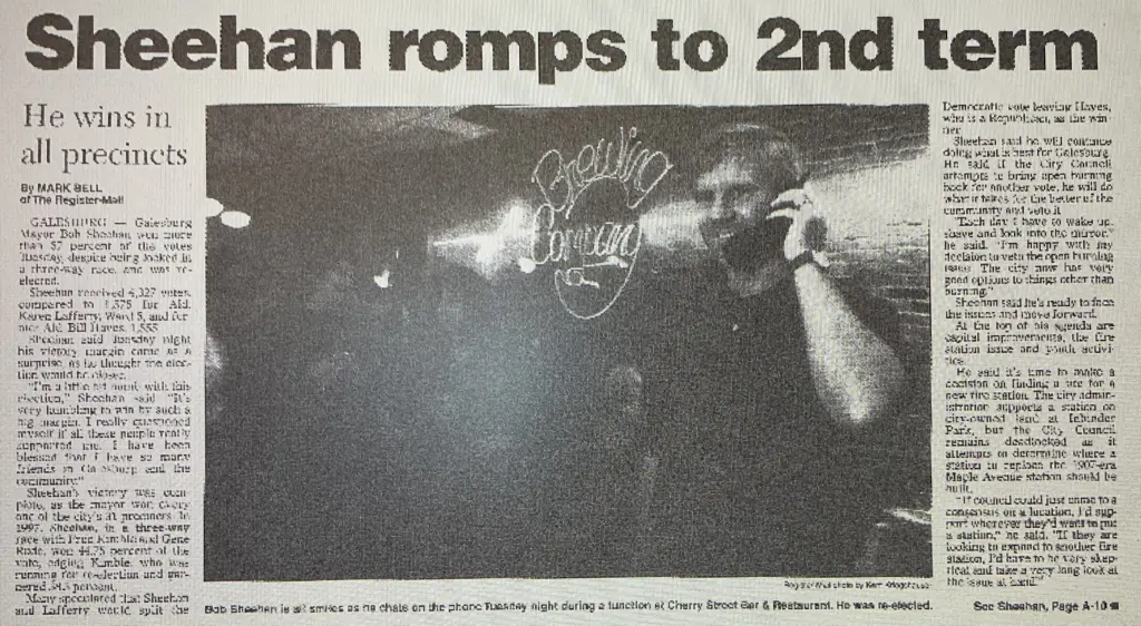 Register-Mail clipping of Bob Sheehan winning second term as Galesburg mayor, 2001