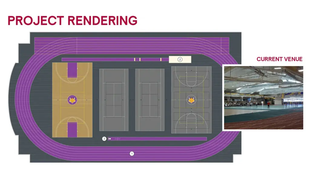 Rendering of the renovated T. Fleming Fieldhouse at Knox College showing new track and courts