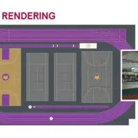 Rendering of the renovated T. Fleming Fieldhouse at Knox College showing new track and courts