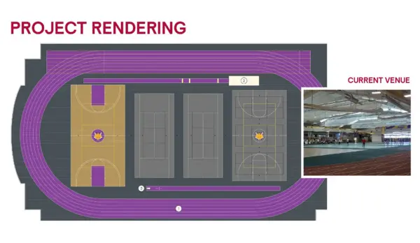 Rendering of the renovated T. Fleming Fieldhouse at Knox College showing new track and courts