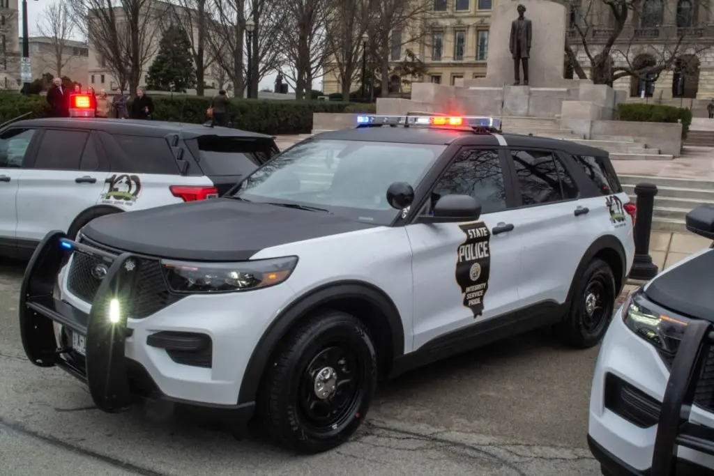 An Illinois State Police car is pictured outside the Illinois Capitol in Springfield during an event in 2022.