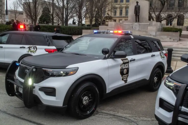 An Illinois State Police car is pictured outside the Illinois Capitol in Springfield during an event in 2022.