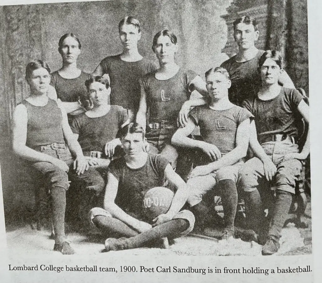 The 1900 Lombard College basketball team, with Carl Sandburg seated in front holding a basketball