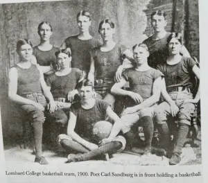 The 1900 Lombard College basketball team, with Carl Sandburg seated in front holding a basketball