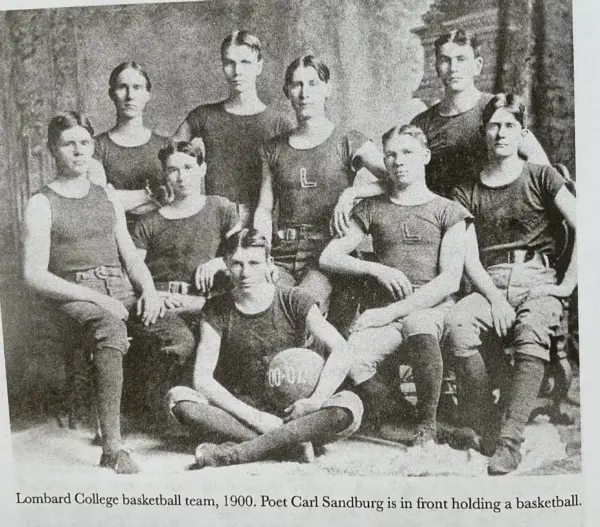 The 1900 Lombard College basketball team, with Carl Sandburg seated in front holding a basketball