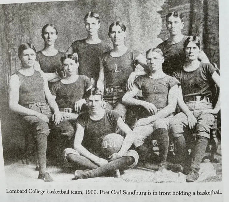 The 1900 Lombard College basketball team, with Carl Sandburg seated in front holding a basketball