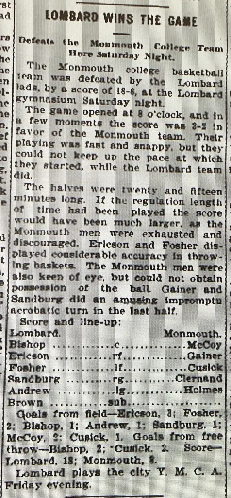 1900 newspaper clipping reporting Lombard College's basketball victory over Monmouth College