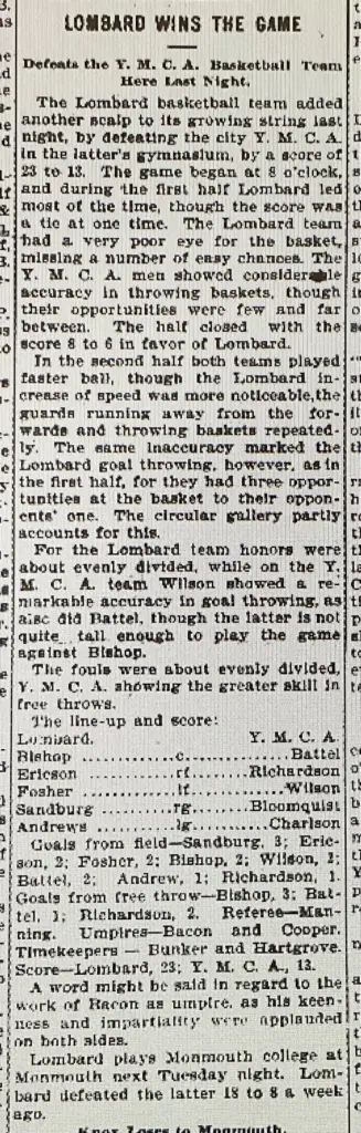 1900 newspaper clipping reporting Lombard College's basketball victory over the YMCA, with Sandburg listed in the box score