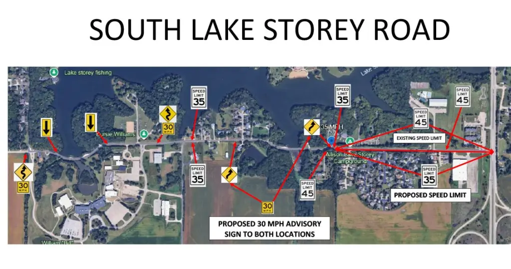 ALT TEXT: Map of South Lake Storey Road showing existing 45 mph speed limit, proposed 35 mph speed limit, and proposed 30 mph advisory signs on curves — Galesburg, IL