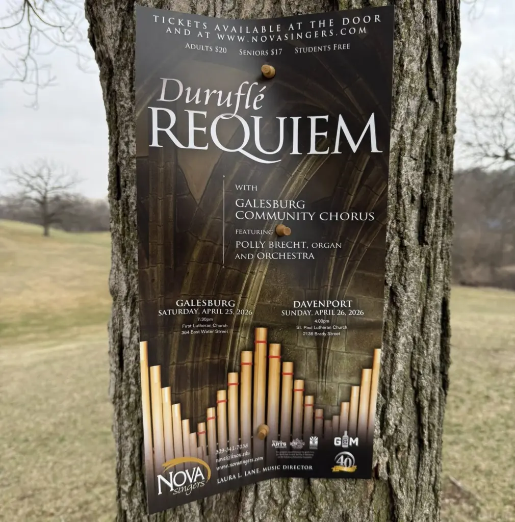 Event poster for the Duruflé Requiem performed by Nova Singers and Galesburg Community Chorus, April 25, 2026, First Lutheran Church, Galesburg