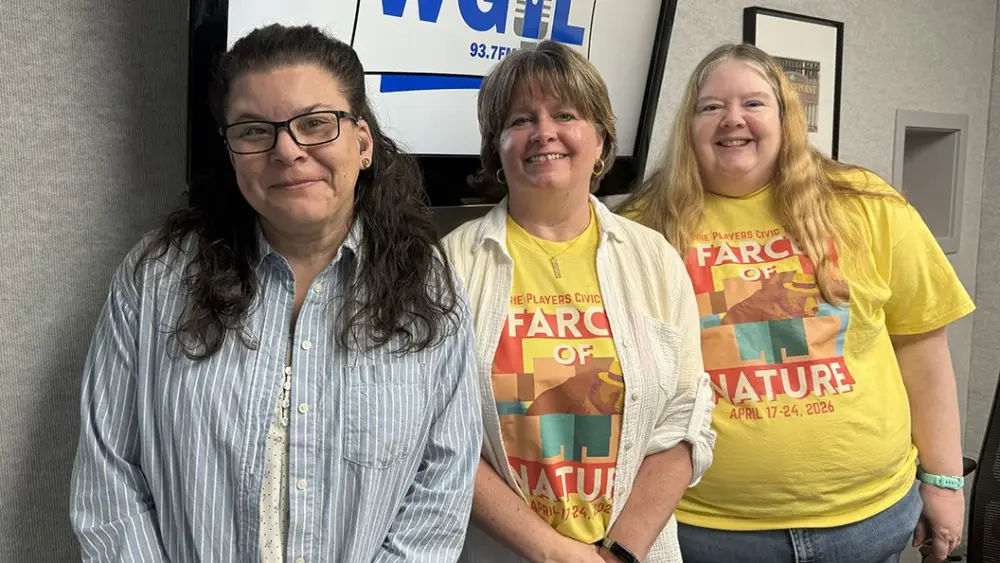 Jill Bradford (left), Cheri Siebken (center), and Mary Ellen Milem (right) of Prairie Players Civic Theatre discuss the new comedy “Farce of Nature” on Galesburg’s Morning News, March 2026.