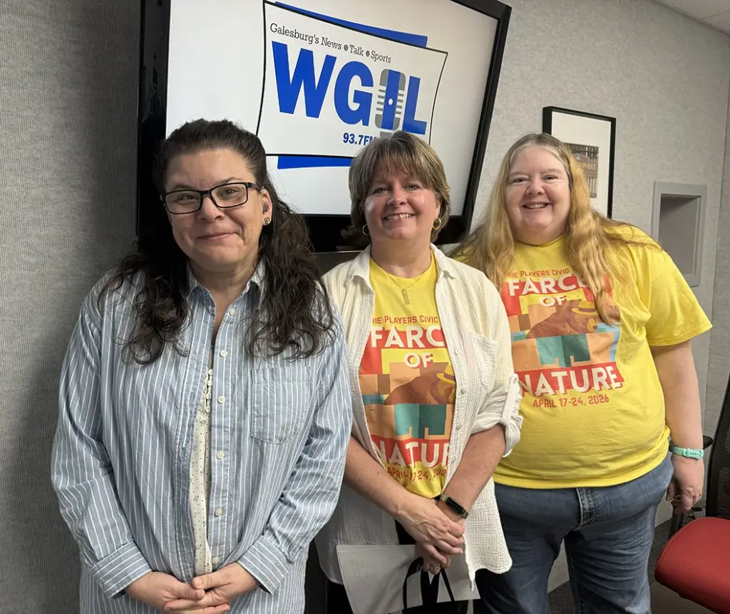 Jill Bradford (left), Cheri Siebken (center), and Mary Ellen Milem (right) of Prairie Players Civic Theatre discuss the new comedy “Farce of Nature” on Galesburg’s Morning News, March 2026.