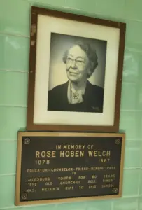 Memorial plaque and portrait of Rose Hoben Welch at Galesburg school