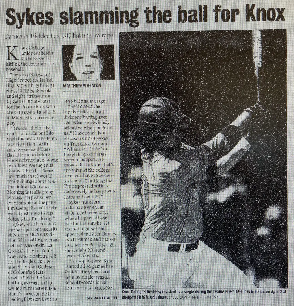 2016 newspaper clipping — Knox College outfielder Drake Sykes batting .517 for the Prairie Fire