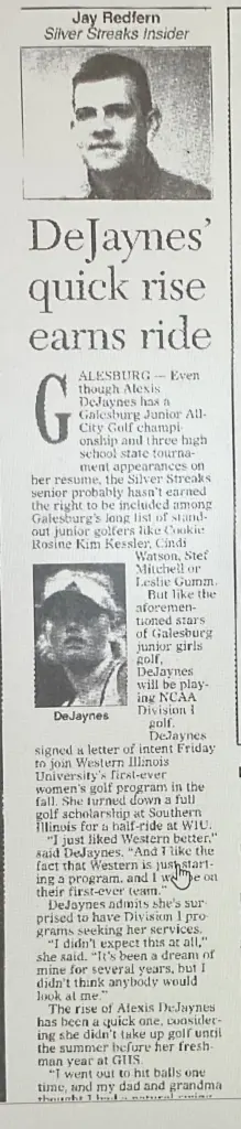 2001 Register-Mail Silver Streaks Insider column on Galesburg golfer Alexis DeJaynes