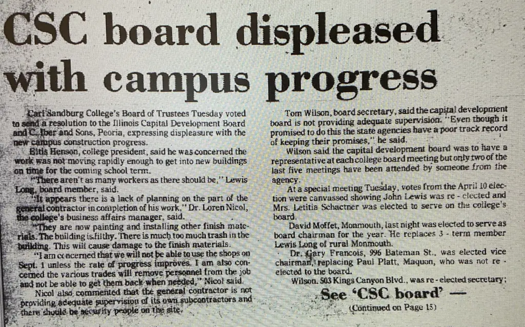 1976 newspaper clipping — Carl Sandburg College board displeased with campus construction progress
