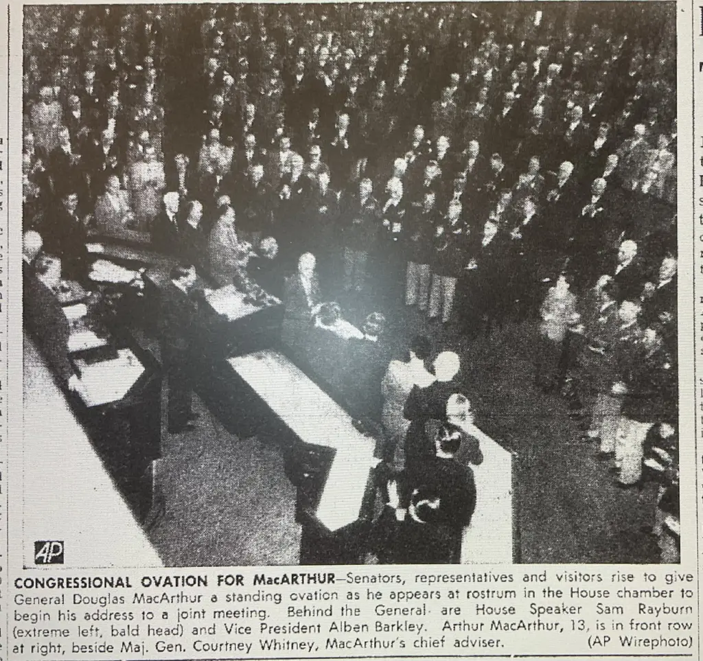 AP Wirephoto of General Douglas MacArthur addressing a joint session of Congress, 1951