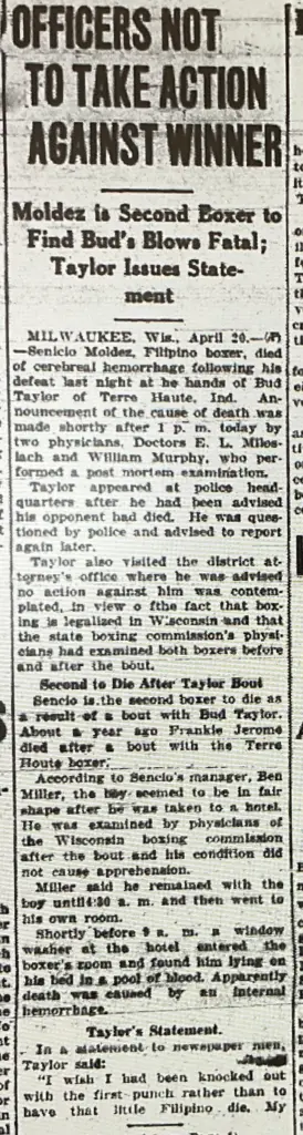 1926 newspaper clipping — boxer dies after bout with Bud Taylor