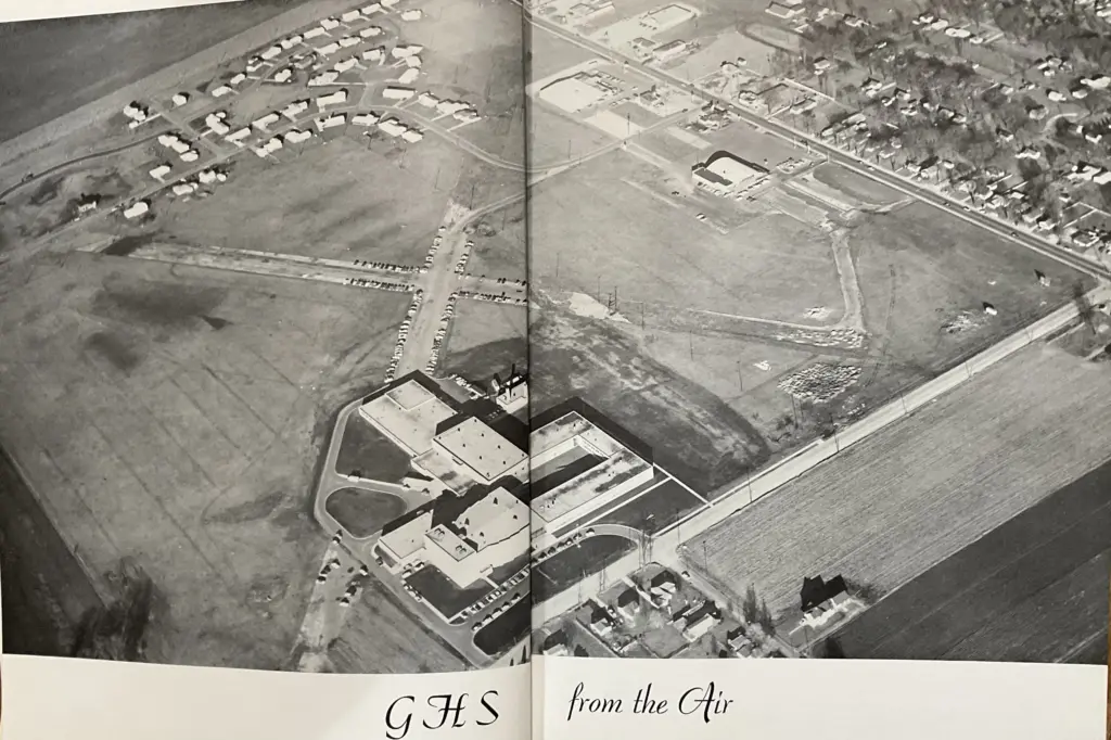Aerial photo of Galesburg High School and surrounding area from the 1960 Reflector yearbook, part of a reflection on the 1959-60 school year and move to the new Fremont Street facilities.