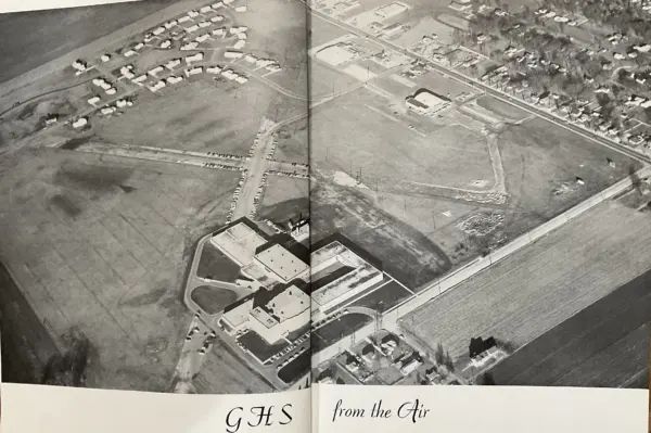 Aerial photo of Galesburg High School and surrounding area from the 1960 Reflector yearbook, part of a reflection on the 1959-60 school year and move to the new Fremont Street facilities.