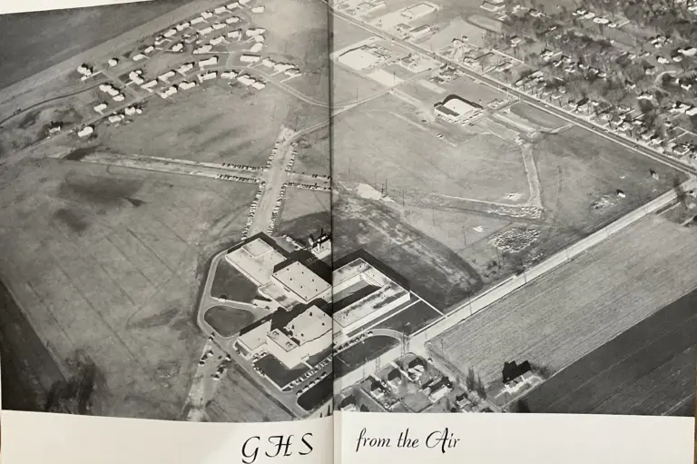 Aerial photo of Galesburg High School and surrounding area from the 1960 Reflector yearbook, part of a reflection on the 1959-60 school year and move to the new Fremont Street facilities.
