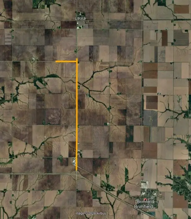 Aerial map showing the U.S. 150/Illinois 78 resurfacing project area between Laura and Brimfield, Illinois.