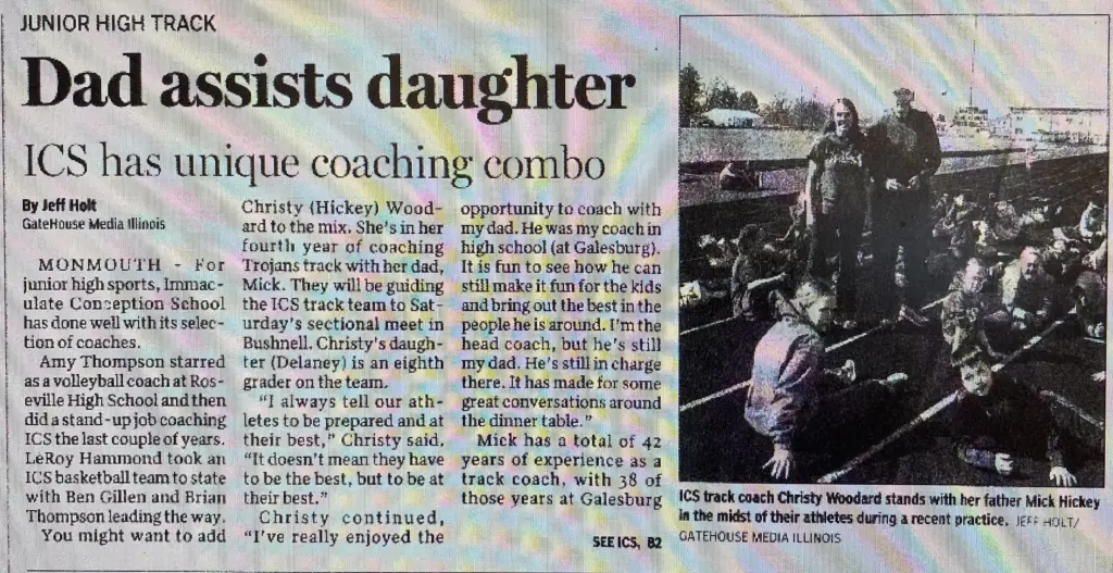 Newspaper clipping from 2016 featuring ICS track coach Christy Woodard and her father, veteran GHS coach Mick Hickey.