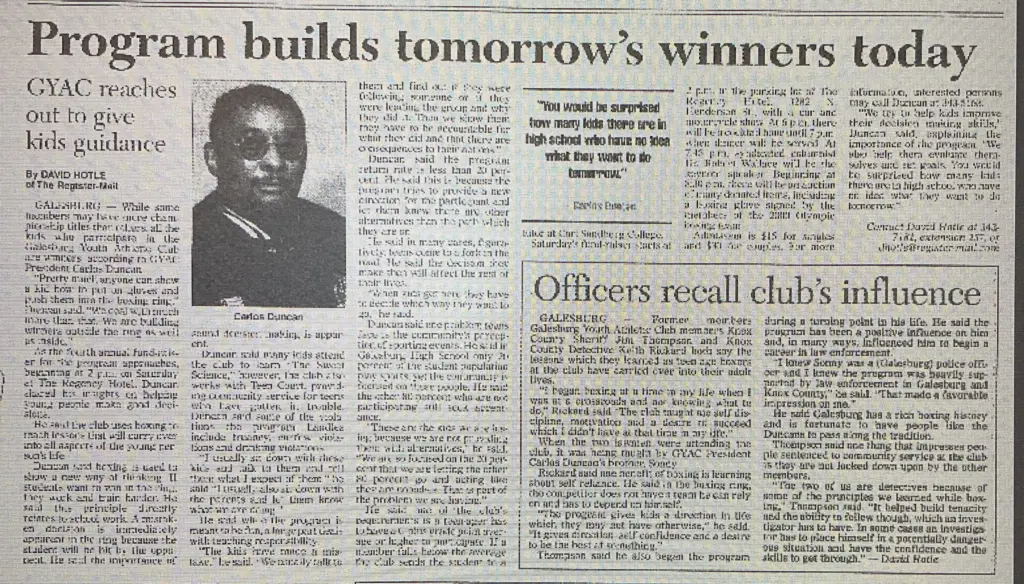 Newspaper clipping from 2001 featuring Carlos Duncan and the Galesburg Youth Athletic Club.