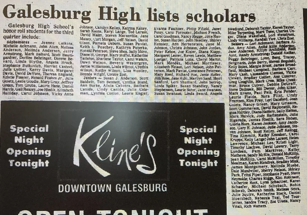 A 1976 newspaper page featuring an advertisement for Kline's department store in downtown Galesburg alongside a list of Galesburg High School honor roll students.