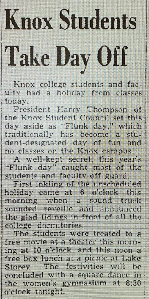 Newspaper clipping from 1951 reporting Knox College students and faculty taking a day off for the school's annual Flunk Day.