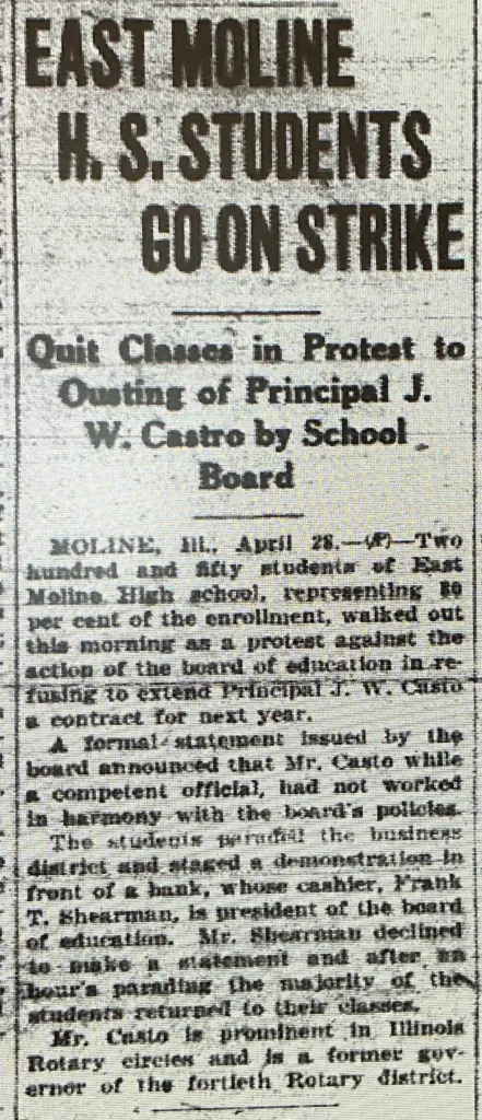 Newspaper clipping from April 1926 reporting East Moline High School students walking out to protest the firing of Principal J.W. Casto.