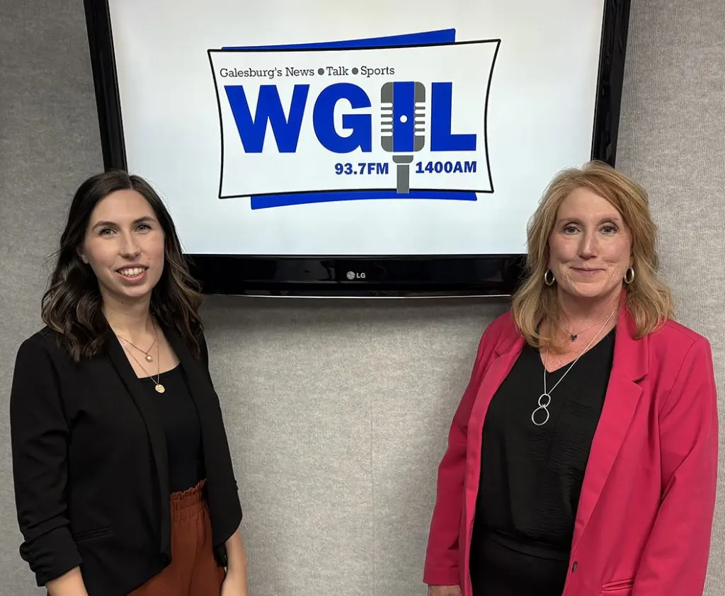 Jennie Grove and Alesia Shaw of the Canton History & Arts Alliance pose in the WGIL studios in Galesburg, Illinois