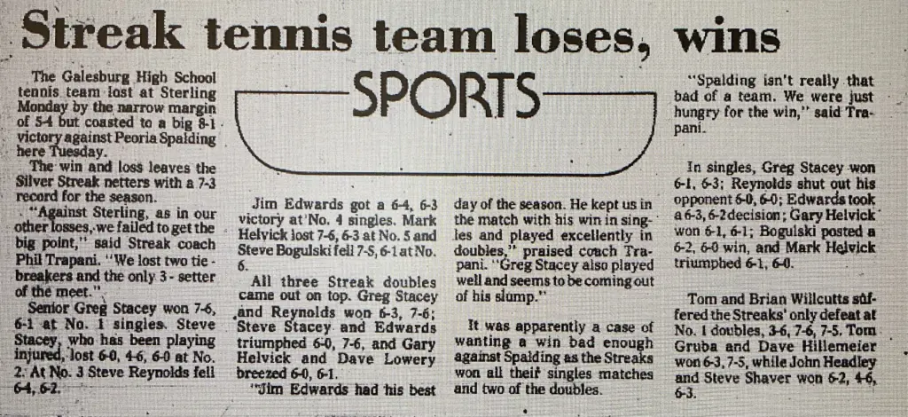 1976 newspaper clipping headlined Streak tennis team loses wins from the Galesburg Register-Mail