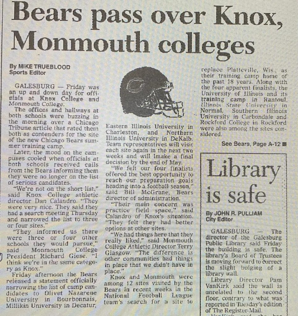 2001 newspaper clipping headlined Bears pass over Knox Monmouth colleges from the Galesburg Register-Mail
