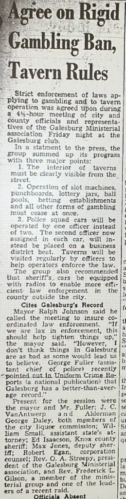 1951 newspaper clipping headlined Agree on Rigid Gambling Ban, Tavern Rules from the Galesburg Register-Mail