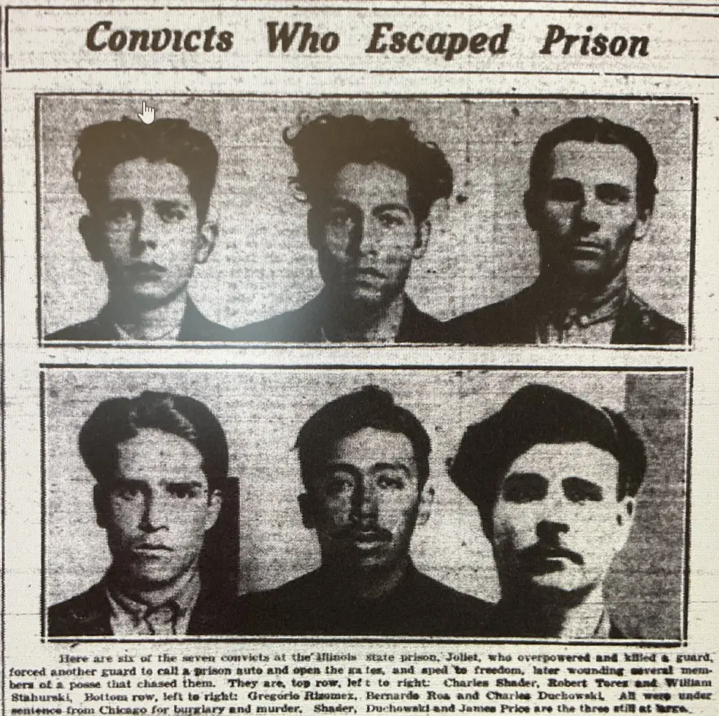 Newspaper photo of six convicts who escaped from Joliet Prison in 1926, from the Galesburg Register-Mail archives