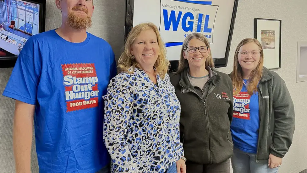 Russell Oberhake, Katherine Seguino, Rachel Crouch, and Sarah Oberhake in the WGIL studios in Galesburg, Illinois