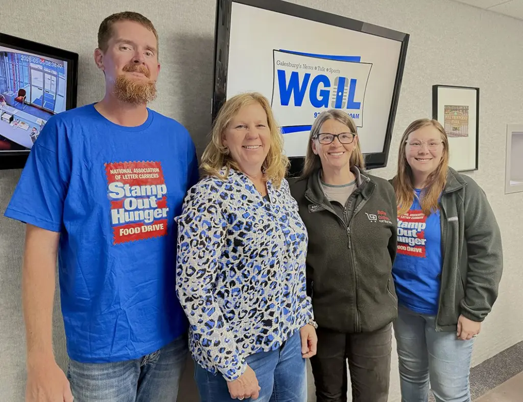 Russell Oberhake, Katherine Seguino, Rachel Crouch, and Sarah Oberhake in the WGIL studios in Galesburg, Illinois
