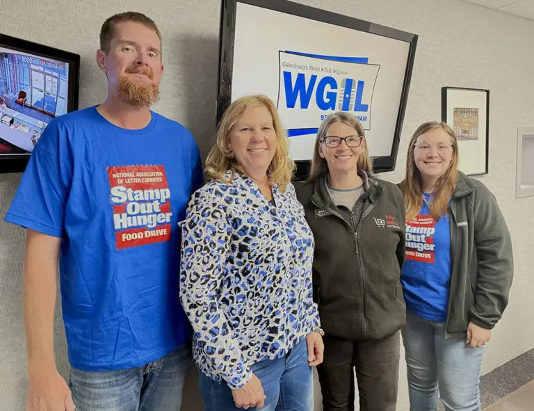 Russell Oberhake, Katherine Seguino, Rachel Crouch, and Sarah Oberhake in the WGIL studios in Galesburg, Illinois